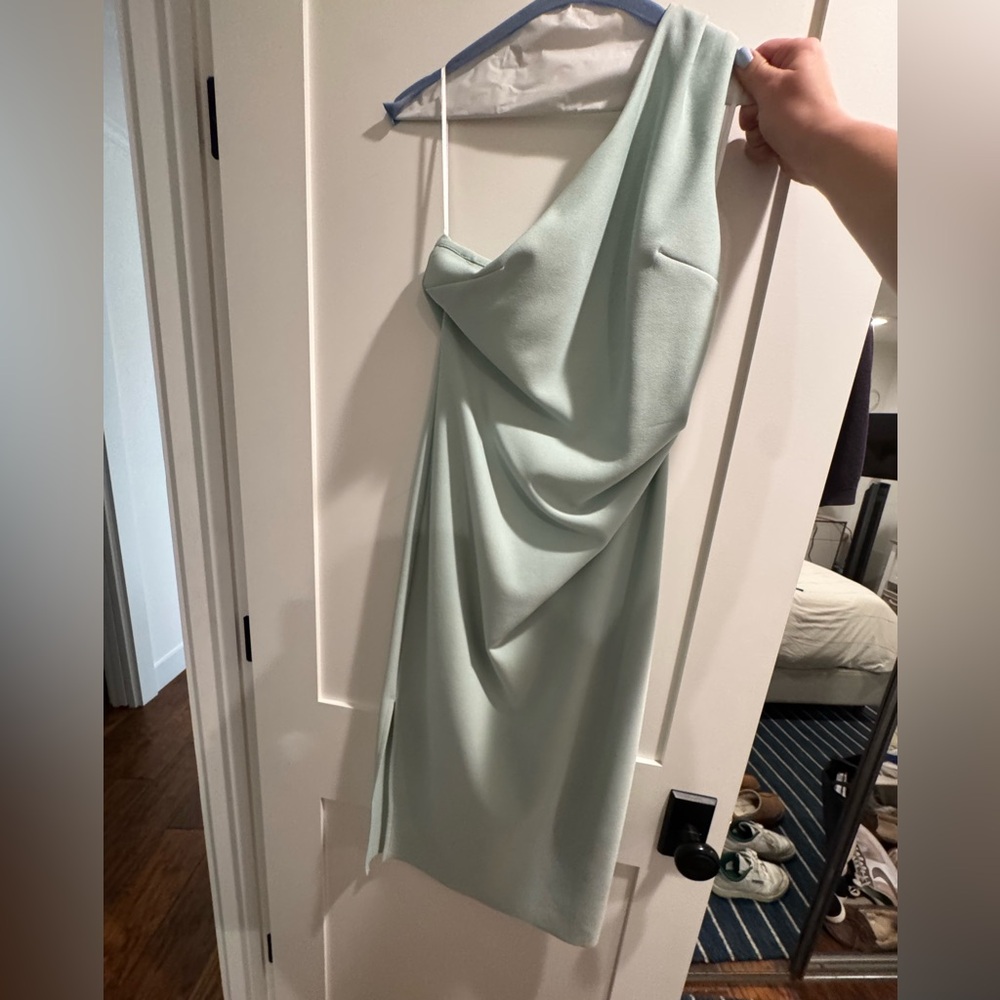 Petal & Pup Green One Shoulder Ruched Cocktail Dress